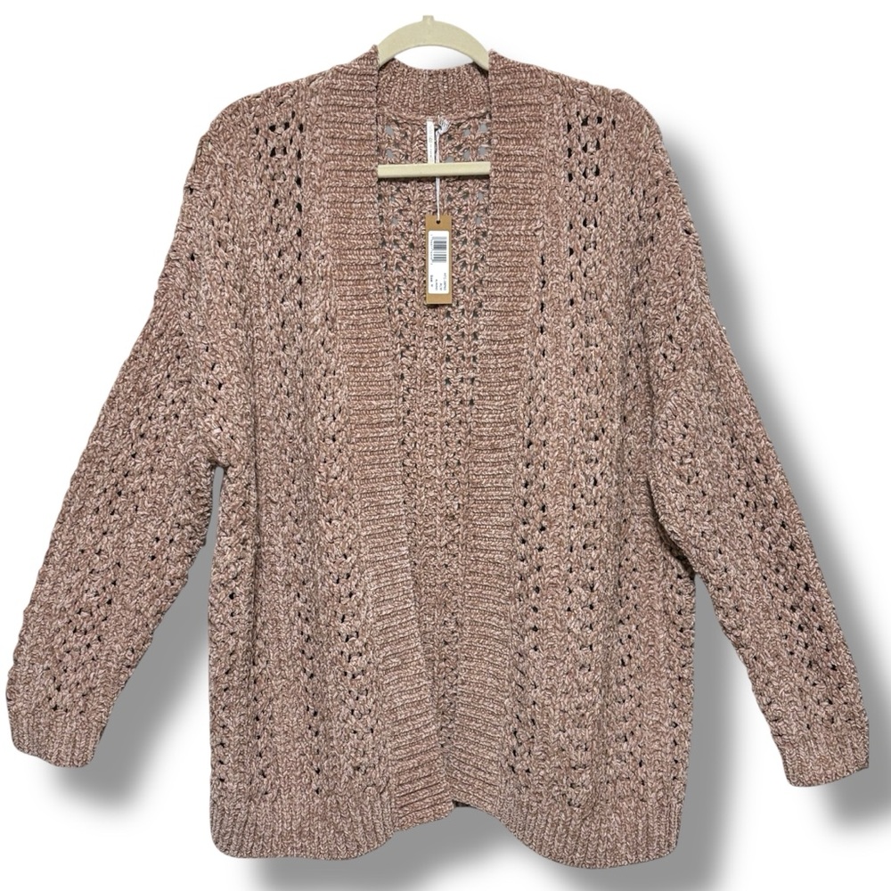 Hello Nite Oversized Chenille Chunky Knit Open Front Cardigan Almond M NWT